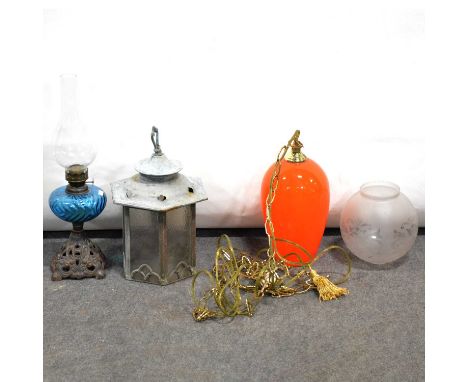 Orange glass ceiling lamp shade; a blue-glass oil lamp with etched glass shade; and a copper hall lantern.Qty: 4