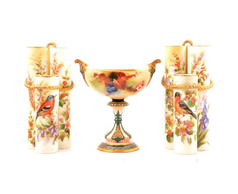 Pair of Royal Worcester tubular spill vases, moulded rope, painted with birds and flowers, 19cm, restored, and a Hancock Worc