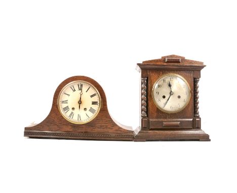 Oak mantel clock, German movement striking on a gong, 32cm, and an oak ‘Hat’ mounted clock.Qty: 2