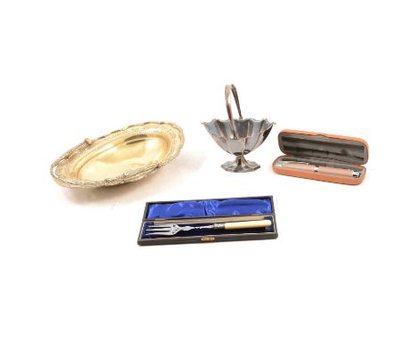 Small collection of silverplated caddy spoons and various electroplated loose flatware; silver plated bottle cruet, tureen, d