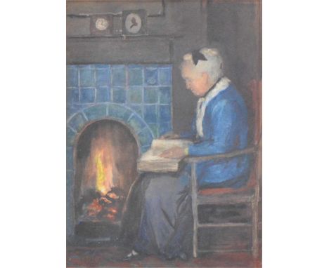 F M Button, Old woman by fireplace, signed, pastel, 22x16cm.