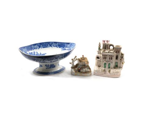 Caughley transferware pedestal dish, navette form, width 30cm, damaged; a Staffordshire flatback spill vase in the form of a 