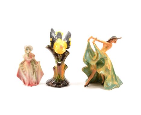 Two boxes of various ceramic figurines including a Wade cellulose Art Deco lady 'Jeanette', Continental figures, etc.