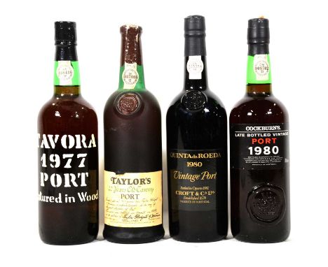 Four bottles of assorted vintage port: Croft's Quinta da Roeda 1980, 1 bottle Cockburn's LBV 1980, 1 bottle Tavora 1977 vinta