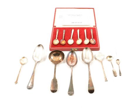 Three Georgian tablespoons, Thomas Wallis I London 1765, London 1748, one with hallmark rubbed; sauce ladle, Joseph &amp; Alb