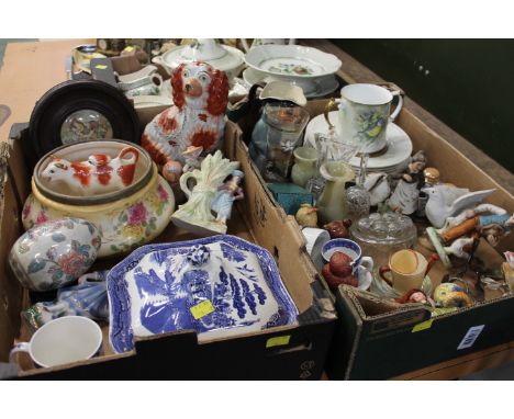 Two boxes of china and glassware, Prattware lid, Staffordshire dog, creamer, ornaments etc&nbsp; (Note - The blue tit mug has