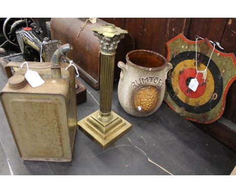 Vintage paraffin tin, brass oil lamp column, Rumtopf jar and hoopla board 