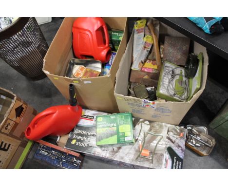Garden accessories and tools, watering cans, small axe, kneeling stool etc