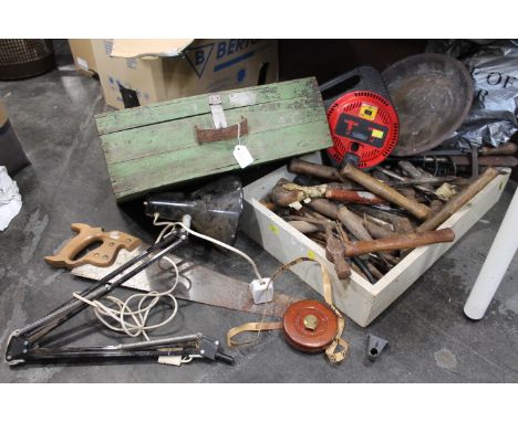 Hand tools, wooded toolbox, lamp and extension 