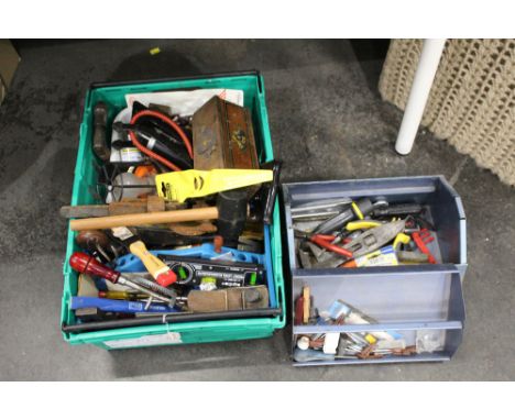 Cantilever toolbox and hand tools, planes, spirit level, chisels, drills, etc