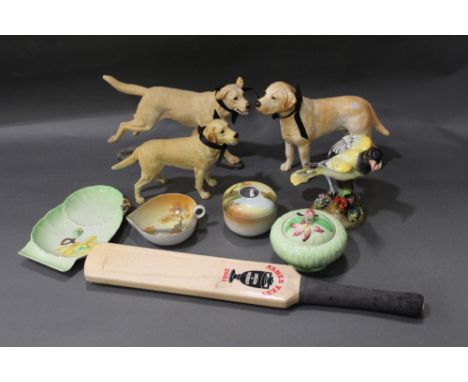 Grand Staffordshire bird ornament, dog ornaments, Carltonware dish, miniature cricket bat, etc 