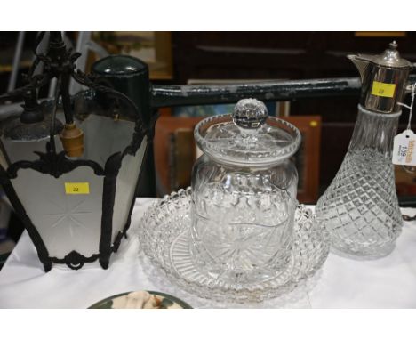 Lantern form ceiling light fitting or porch light, glass biscuit barrel, bowl and claret jug 