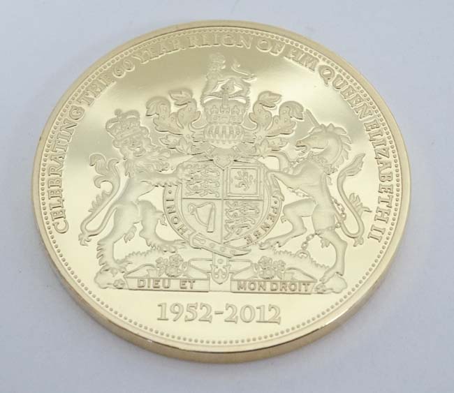 Coin A Queen Elizabeth II (1926) Commemorative 2012 Gold plated Diamond Jubilee Coin, with cert Coin A Queen Elizabeth II (1926) Commemorative 2012 Gold plated Diamond Jubilee Coin, with cert