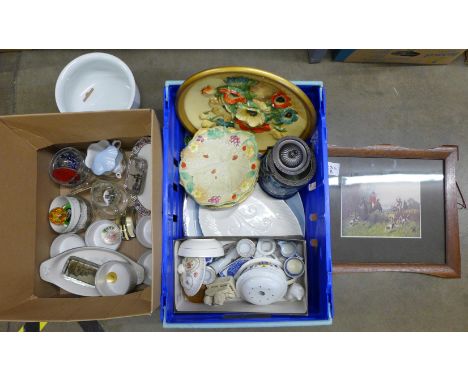 Two boxes of china including a wall plaque, a salad drainer and a modern blue and white biscuit barrel, a collection of paper