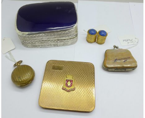 A compact, a mother of pearl purse, a sovereign case, a box and a double pill box 