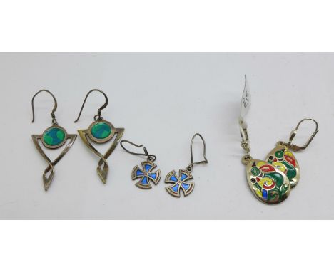 Three pairs of silver and enamel earrings 