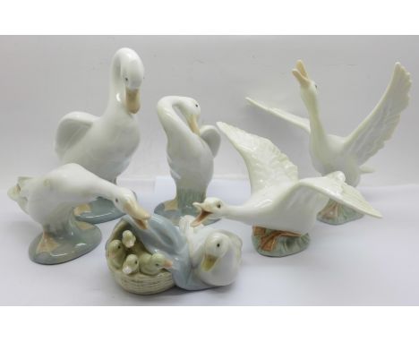 Six figures of geese, five Lladro and one Nao 