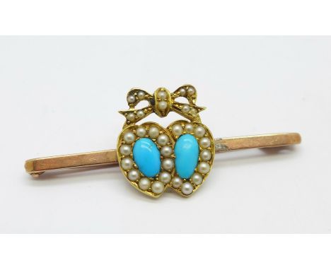 A 9ct gold bar brooch mounted with a 15ct gold, turquoise and seed pearl plaque, total weight 2.6g 