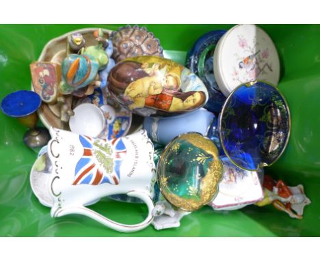 A collection of decorative items, two Whitefriars glass bowls, six Danish Kjeld Bonfils dishes, two Goebel dishes, Wedgwood J