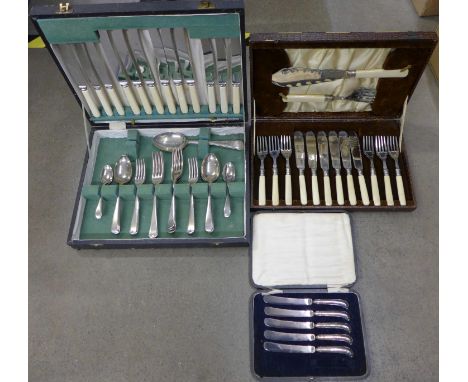 Five silver handled knives, cased and two sets of flatware 