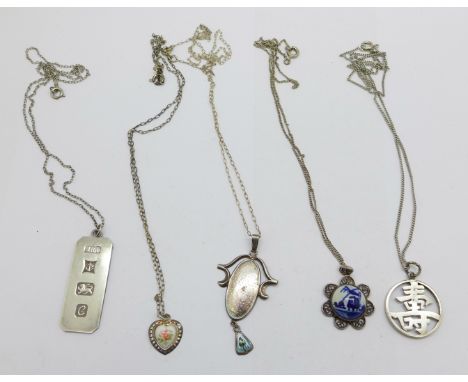 Five silver pendants and chains including one by Charles Horner lacking enamel 