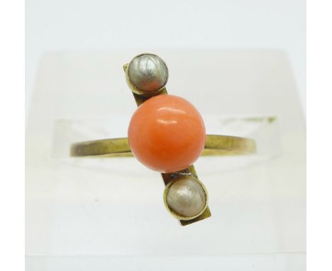 A yellow metal, coral and seed pearl ring, (tests as 9ct gold), 2g, O 