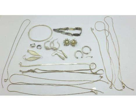 Six silver chains, three silver bracelets, a silver bangle and six pairs of earrings, three pairs a/f, 59g 
