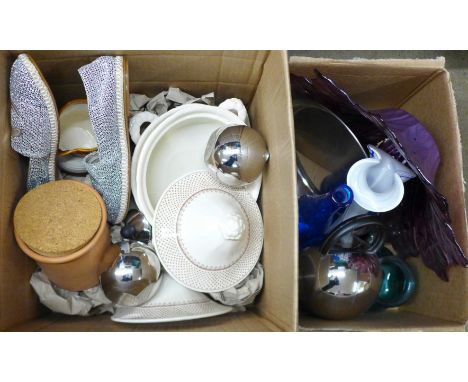 Two boxes of china, glass, a chrome tea service, etc.&nbsp;**PLEASE NOTE THIS LOT IS NOT ELIGIBLE FOR POSTING AND PACKING**