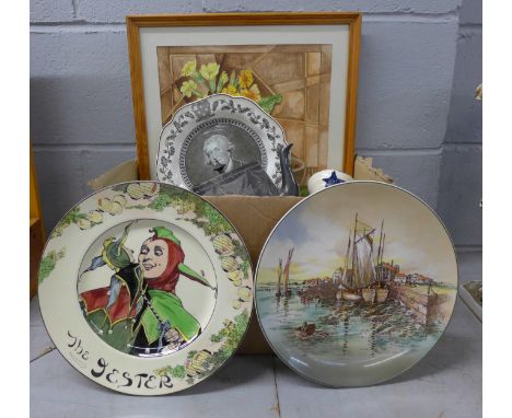 Two Royal Doulton plates, Jester and Home Waters, a Josiah Wedgwood commemorative plate, other china, two paperweights, brass