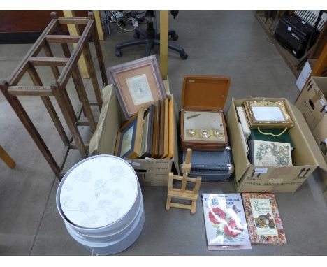 A wooden stick stand, hat boxes, a Sky Countess radio, a set of small suitcases, picture frames, prints, drawings, table ease