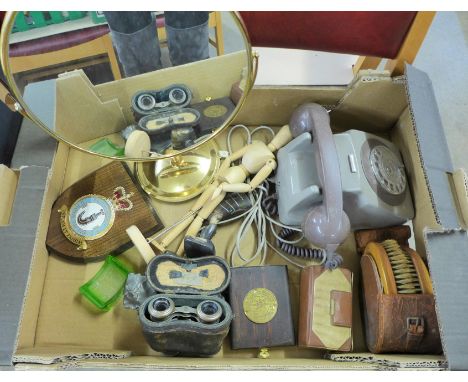 A GPO telephone, brass table mirror, a pair of opera glasses, artists' mannequin, Art Nouveau pewter inkwell and clock keys&n