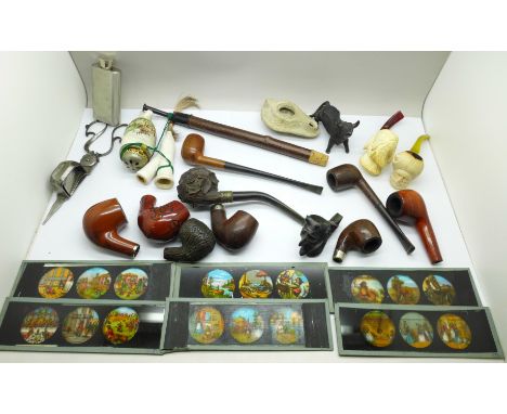 Assorted items; pipes, small flask, cast metal bull, 19th Century candle snuff, glass slides, etc. 