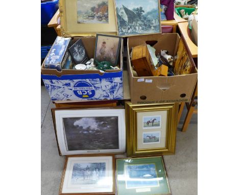 A collection of prints and a tapestry picture, and two boxes of assorted  items, three boxes, china including a character sha