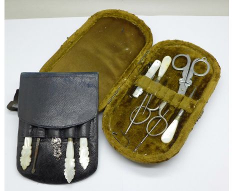 Mother of pearl handled manicure tools, etc., in two cases 