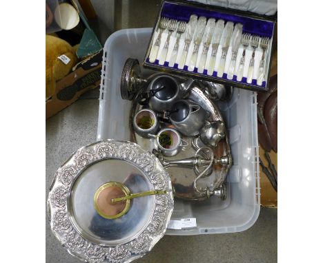 A plated candelabra, a cased set of fish knives and forks with mother of pearl handles, a pig shaped money bank, a QEII silve