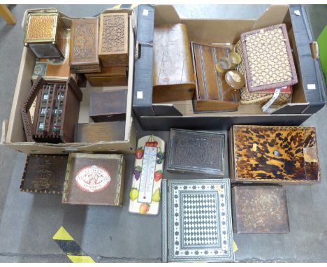 Two boxes of wooden boxes, work boxes, sewing boxes, brass and copper tea caddy, Anglo-Indian carved box, book cover, etc.&nb
