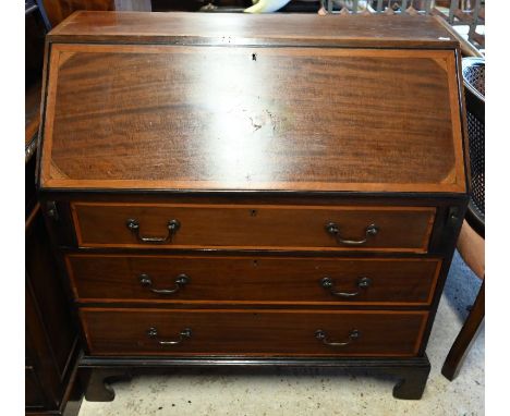 Edwardian inlaid mahogany fall-front bureau with fitted interior and three long drawers on shaped bracket feet, 90cm w x 48cm