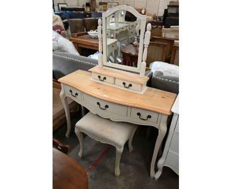 A pine top off-white painted three drawer side table with matching mirror and stool (3)