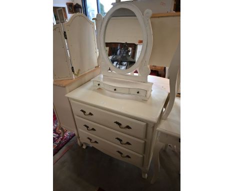 A French style cream painted three drawer chest, 90 cm w x 48 cm x 80 cm h&nbsp; to/with an oval dressing mirror (2)
