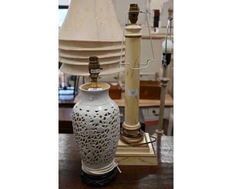 A marbled column table lamp 52 cm high to/w Chinese reticulated porcelain lamp on hardwood stand, 38 cm high (2)