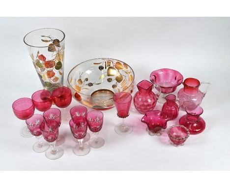 A 1950s glass fruit-bowl and vase, gilded with hazel fronds with catkins, to/w various cranberry glass, including wine glasse