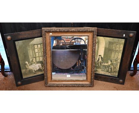 An old part gilt framed mirror 56 x 67 cm high to/w pair of oak frames (3)
