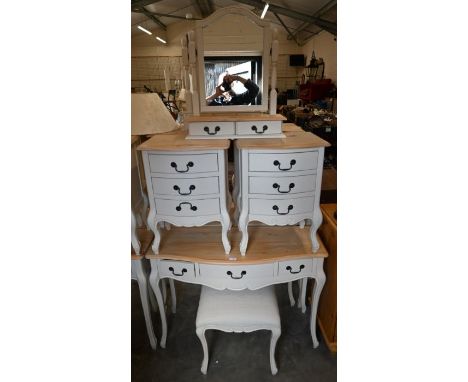 A pine top off-white painted three drawer side table to/with a pair of matching three drawer bedside chests, a dressing mirro