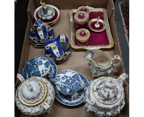 A Victorian Staffordshire china puce and gilt dressing-table set of tray, to/w a Victorian milk jug and sugar basin, another 