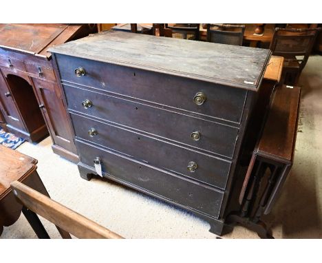 A 19th century mahogany chest of four long graduated drawers with brass handles (1 x missing) on shaped bracket feet a/f, 114