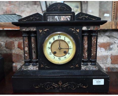 A French slate and marble mantle clock with neo-classical portico case and drum movement striking on a coiled gong.&nbsp; 32 