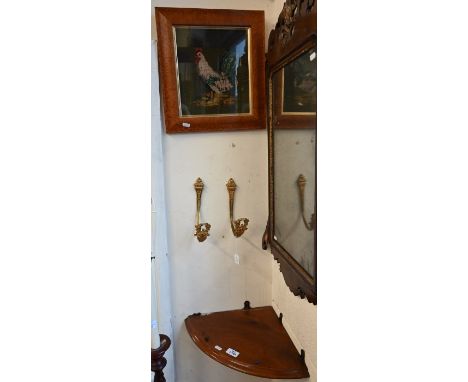 A maple framed needlework chicken to/w pair of brass curtain holdbacks and mahogany corner shelf