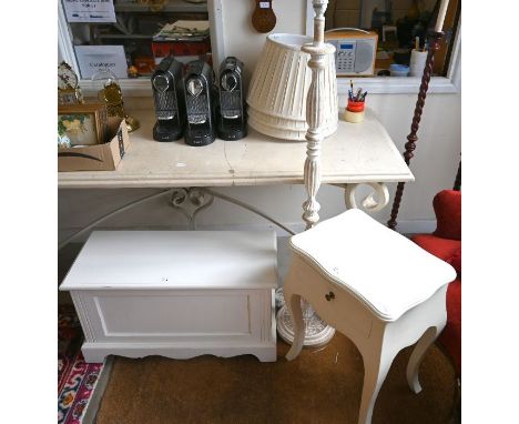 A white painted trunk to/w a single drawer bedside table and a limed finish standard lamp (3)