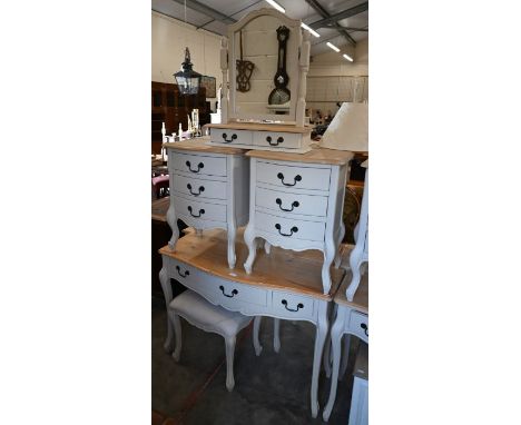 A pine top off-white painted three drawer side table to/with a pair of matching three drawer bedside chests, a dressing mirro