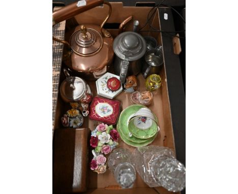 Victorian copper kettle, to/w pewter coffee service, ep tea pot and various ceramics and glass etc (box)